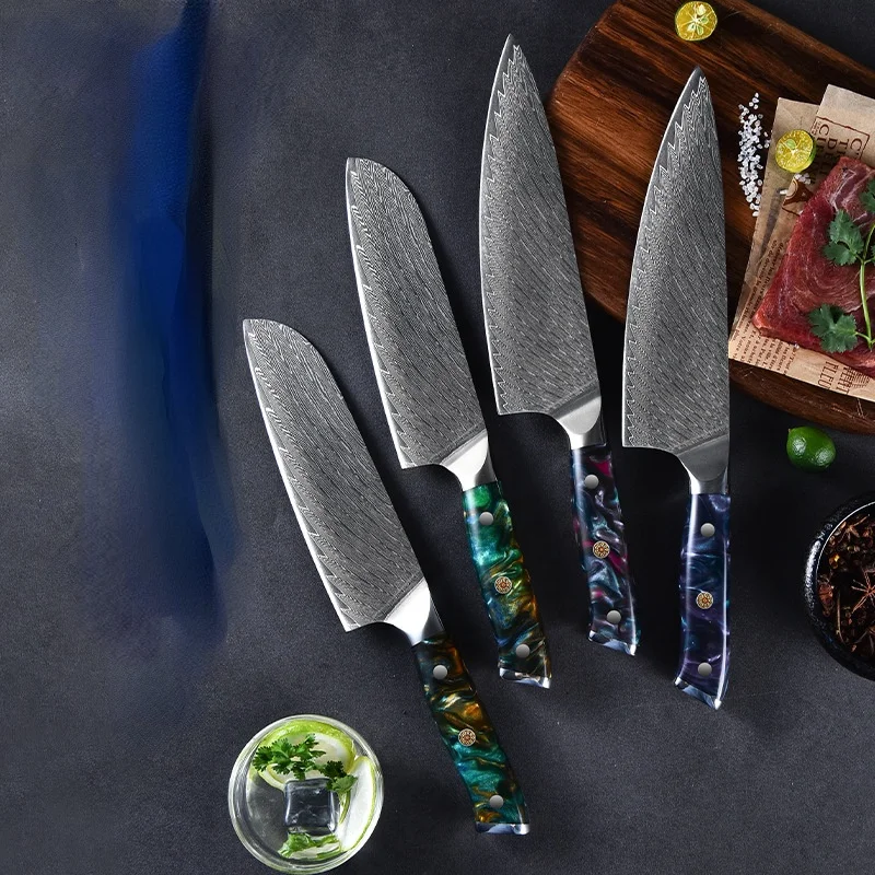 

Damascus Steel Chef's Knife Kitchen Japanese Style Santoku Knife Super Sharp Resin Handle Meat Cutting Knife