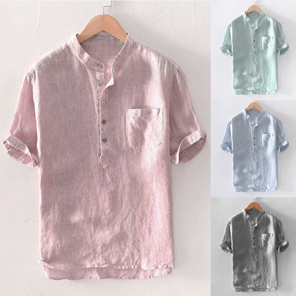 

Men's Baggy Cotton Linen Solid Color Short Sleeve Retro Tee Shirts Tops 2021 New Pocket Shirts For Men Plus Size Streetwear