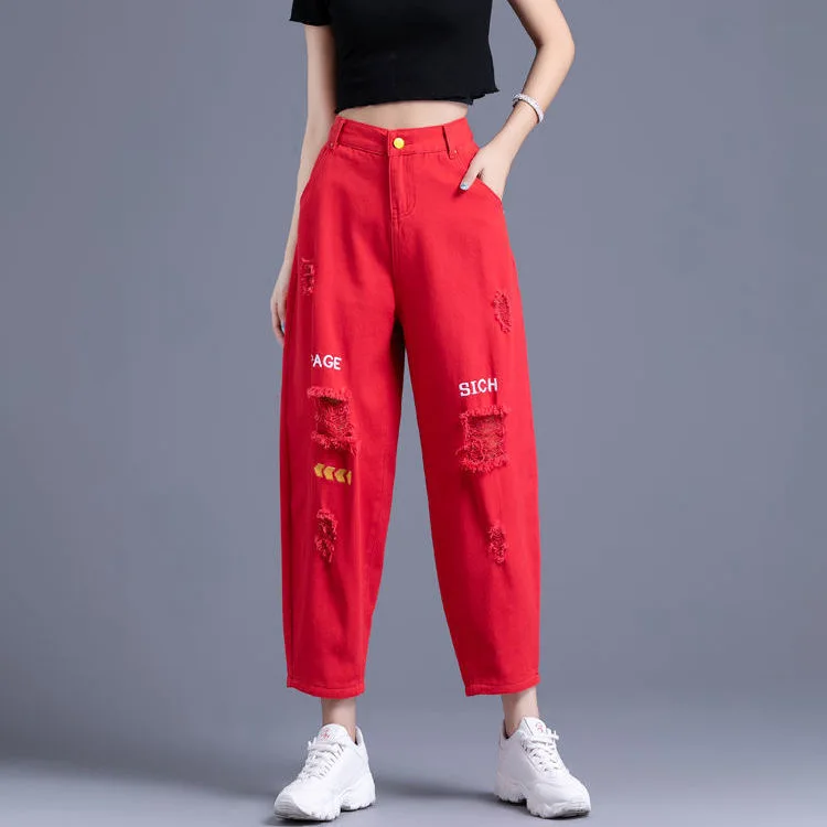 

FV new Jeans Denim Crop Ankle Length White Black High Waisted Ripped Jeans For Women Vintage Ladies Boyfriend Baggy Loose Pants