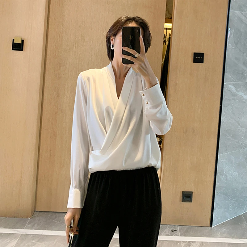 Блузка Женская атласная с V образным вырезом и длинным рукавом|Блузки| |