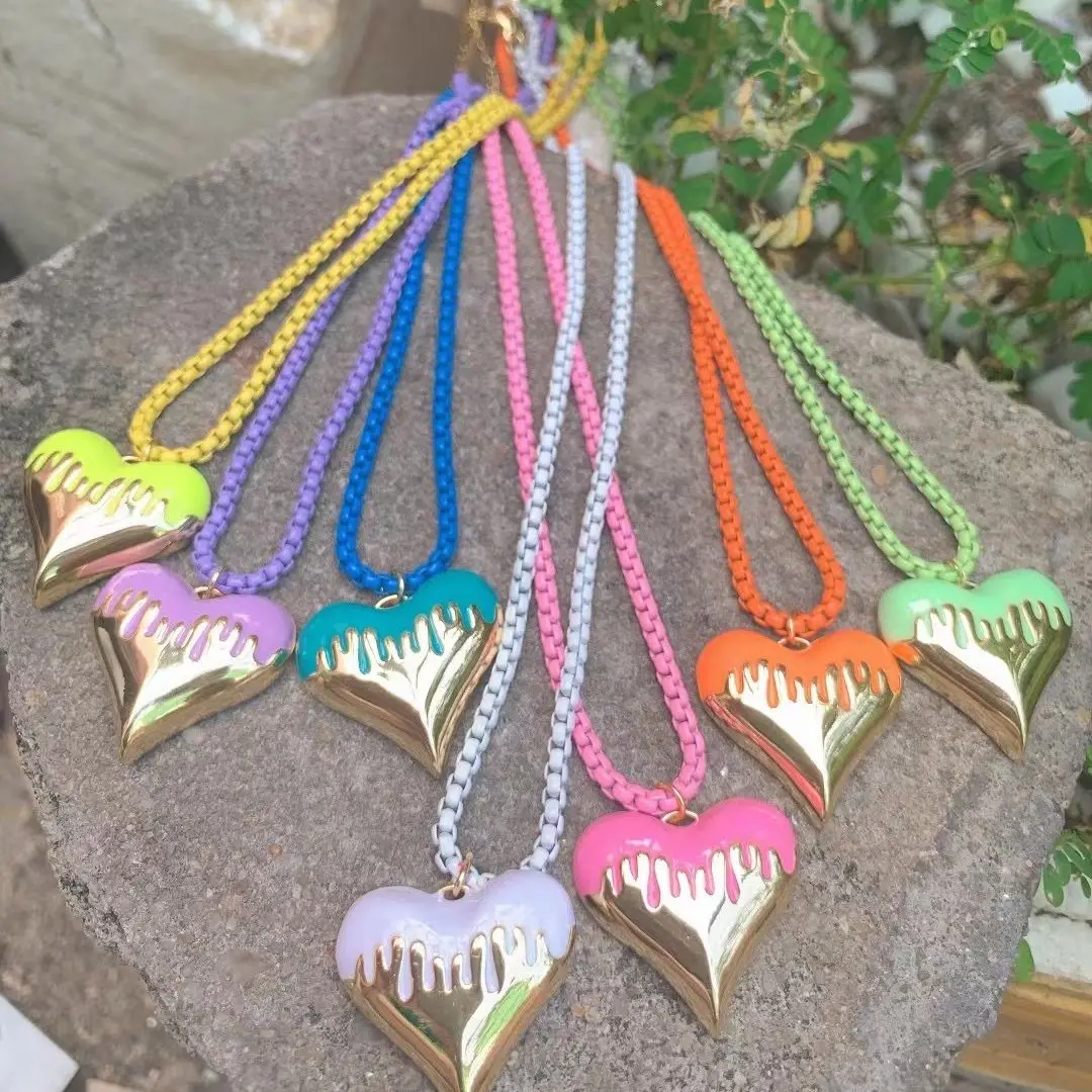 

5PCS, Heart Pendant Charm Necklace Women Choker Painting Box Chain Candy Colors Yellow Green Rose Necklaces Anniversary Gift