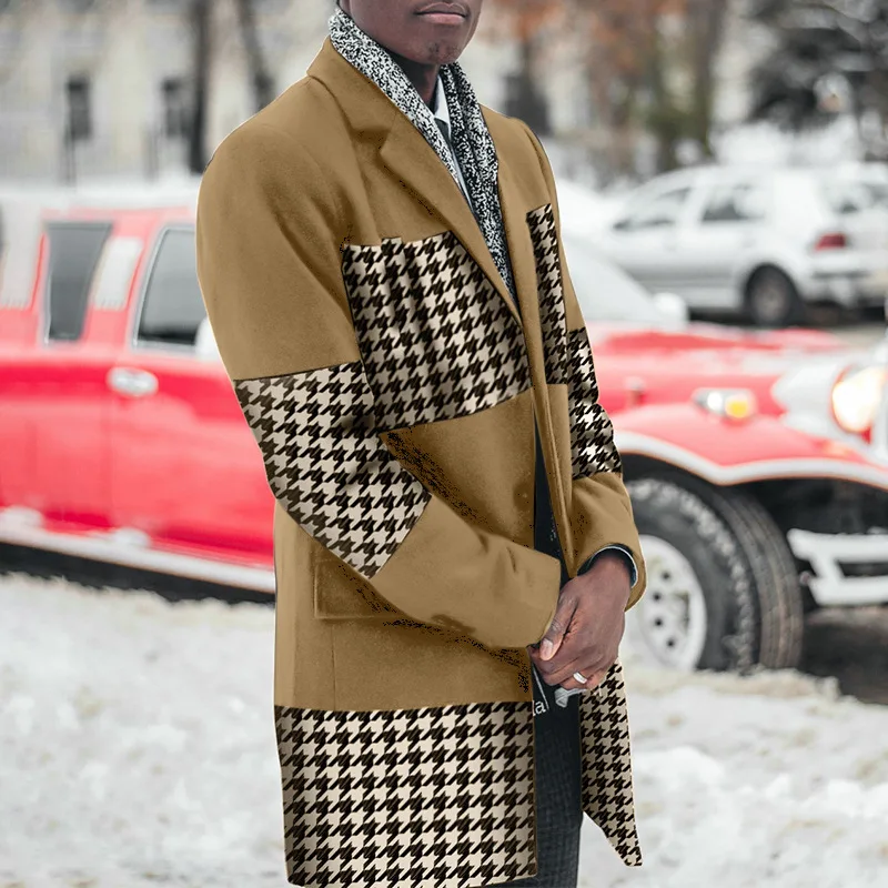 

Wepbel Trench Houndstooth Handsome Jackets Woolen Coat Men's Stitching Casual Trench Coat Long Sleeve Straight Woolen Coat