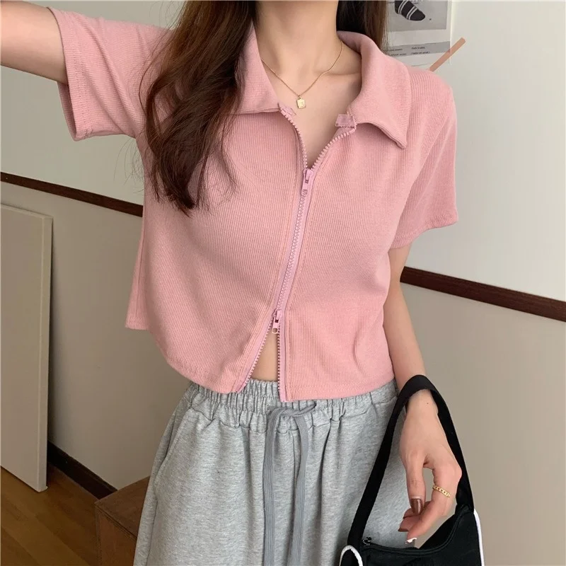 Розовая рубашка поло с коротким рукавом Футболка женская летняя обувь узкого