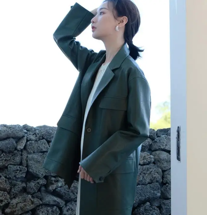 Женская кожаная куртка свободная с поясом весна 2019|Женские куртки| |