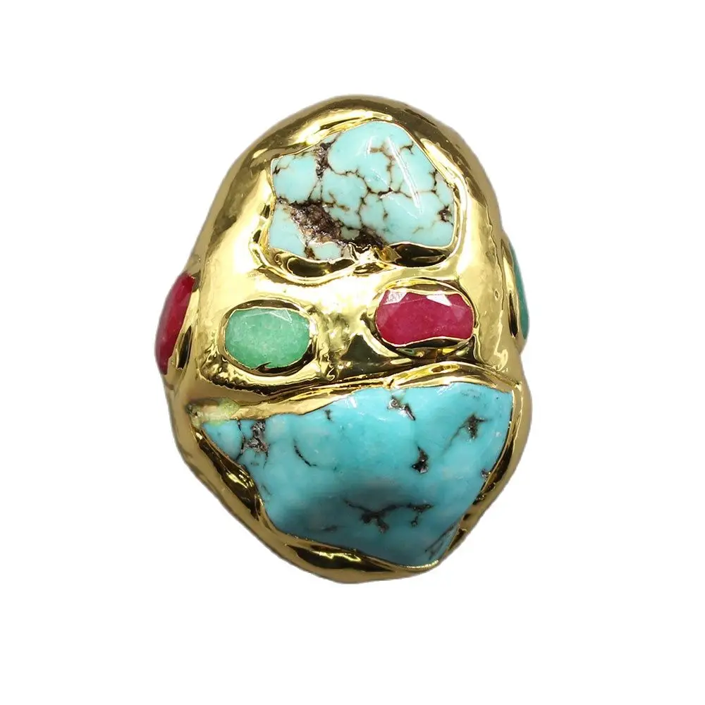 

GG Jewelry Blue Turquoise Multi Color Agate Gold Plated Ring Gold color Electroplated Ring Adjustable