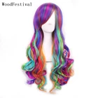 Радужный синтетический парик для косплея с челкой WoodFestival, длинные волнистые волосы, цветные парики для женщин, для Хэллоуина, розовые, фиолетовые, красные, синие