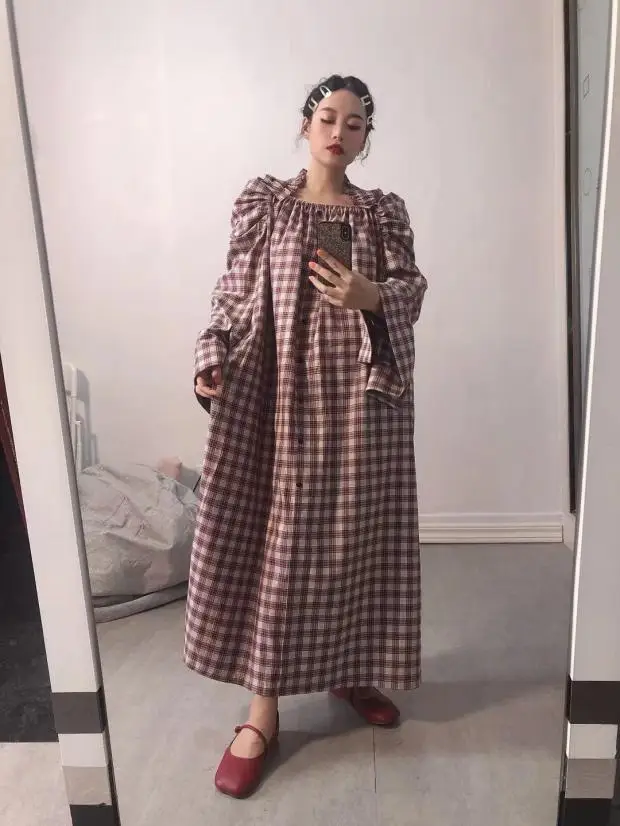 

SuperAen Plus Size Loose Plaid Puff Sleeve Loose Slash Neck Autumn New Style Dresses for Women