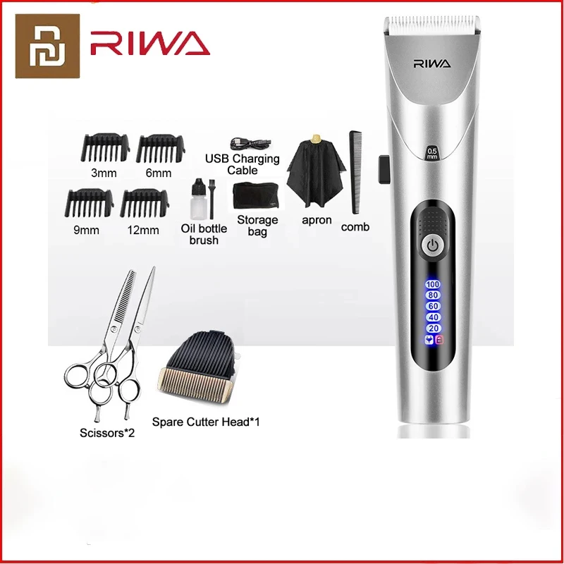 Машинка для стрижки волос Xiaomi RIWA, профессиональный электрический триммер со светодиодным экраном, моющаяся перезаряжаемая мощная стальная...
