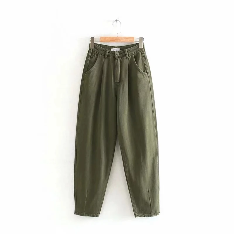 Увядшие английские винтажные джинсы для мам, женские джинсы с высокой талией, плиссированные джинсы для женщин, свободные джинсы-шаровары для женщин, джинсы размера плюс - Цвет: Армейский зеленый