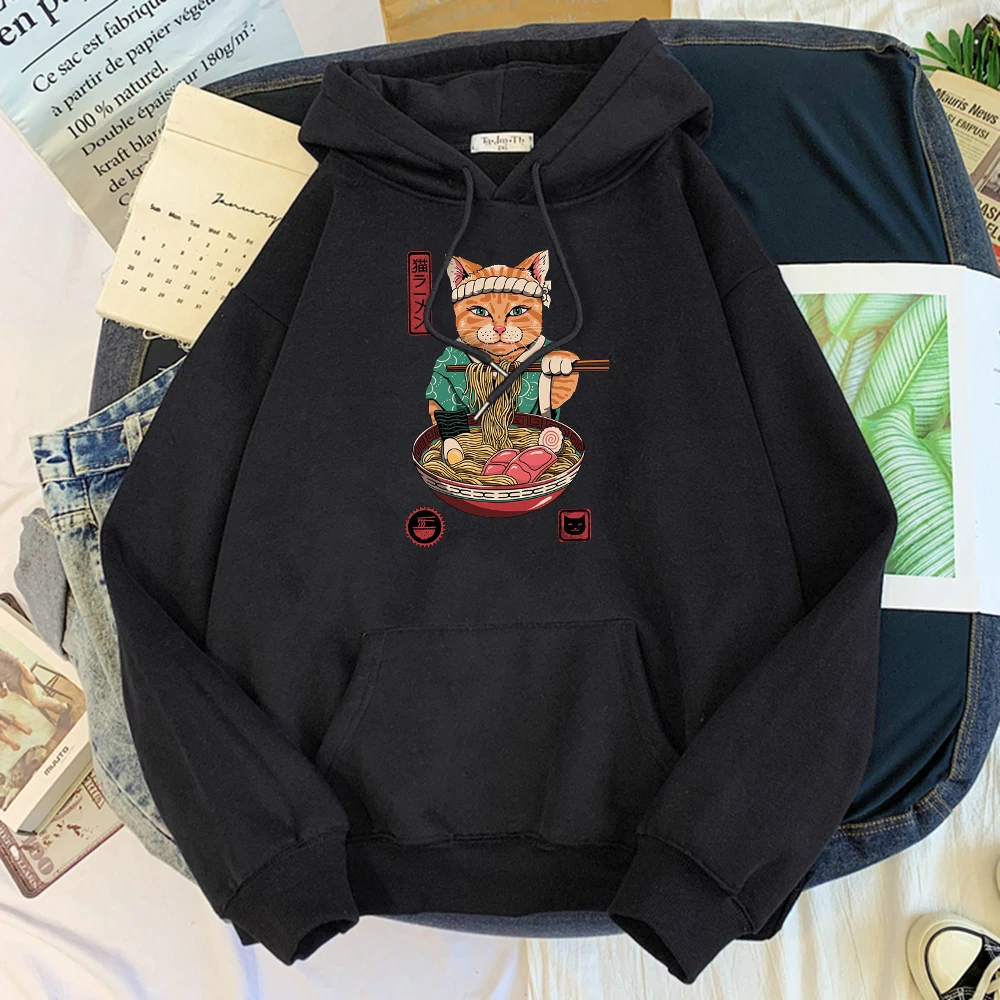 

Kawaii Cat Eat Noodles Japanese Style Print Men Sweatshirt Thermal Vintage Tops Loose Brand Hoodies Oversized Casual Male Hoodie