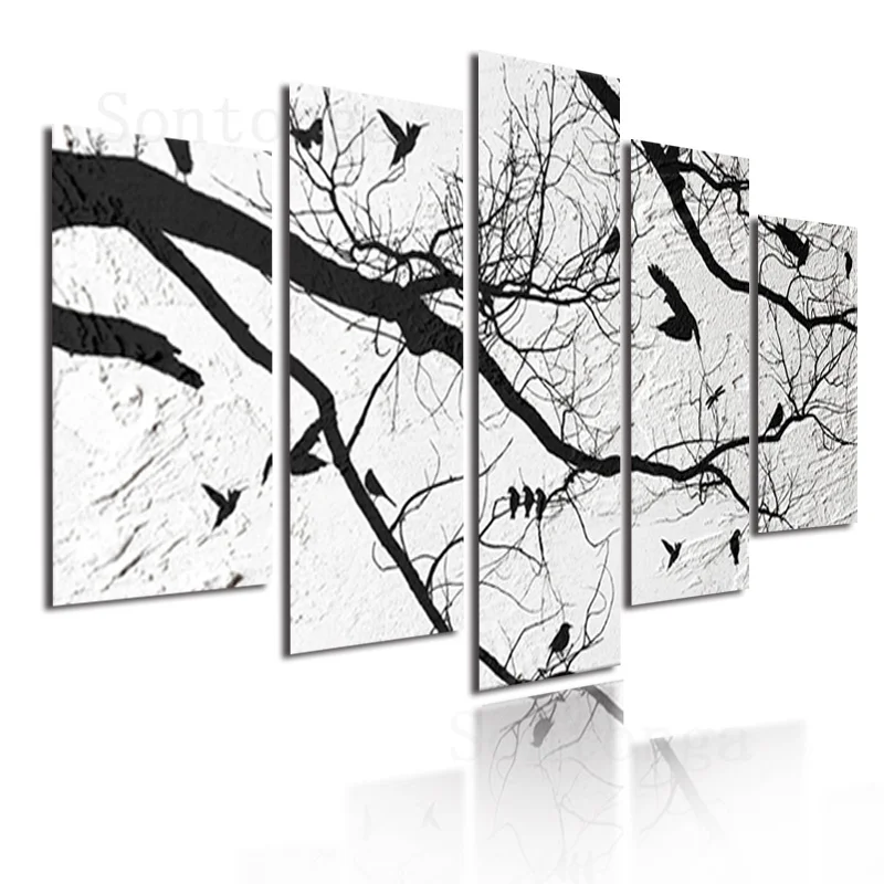 Декоративная живопись из пяти частей ветвей дерева птица серый тон простой стиль