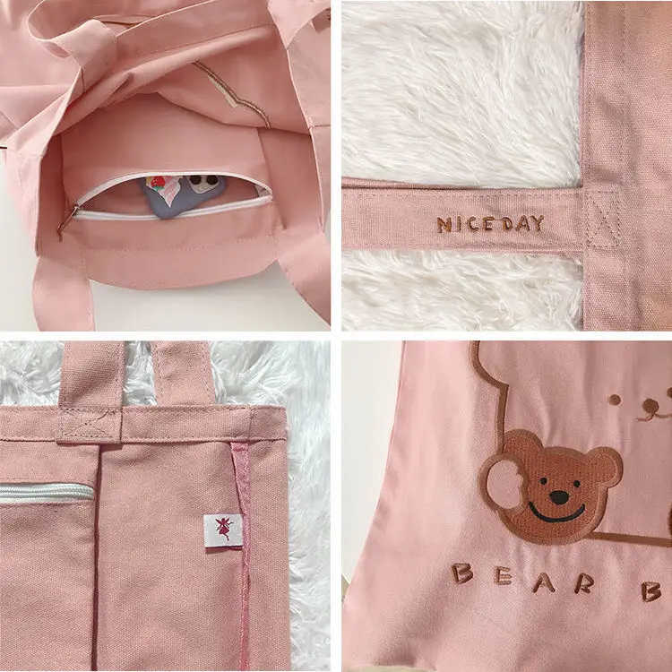 Student Girl Book Shoulder Bags Cute Biscuit Bear Women Canvas Handbags Large Capacity Ladies Shopping Bag Embroidery Cloth Tote | Багаж и