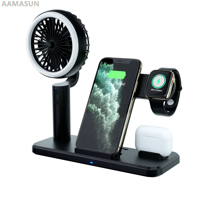 

Беспроводное зарядное устройство Qi для iPhone 11 XR X 8, складная док-станция 4 в 1 с ручным вентилятором для Airpods Pro iWatch, 15 Вт