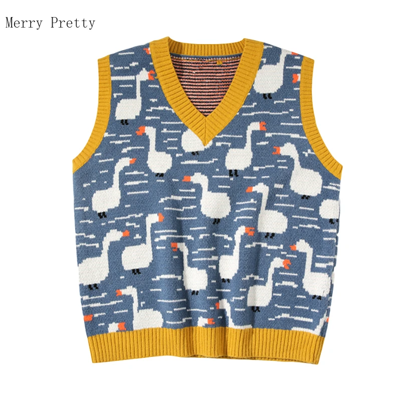 Женский трикотажный жаккардовый жилет свитер без рукавов с мультяшной вышивкой