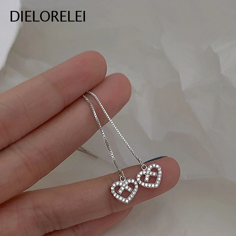 

DIELORELEI 925 Sterling Silver Earrings Dangle Drop Style Hollow Love Ear Line Zircon Shiny Tassel For Women Prevent Allergy