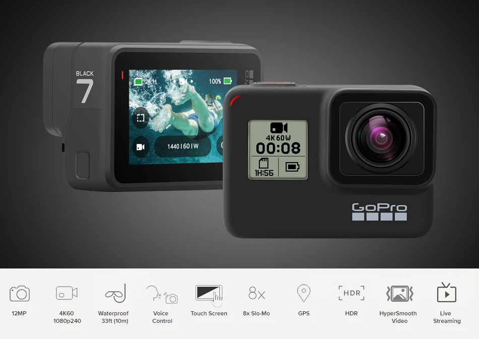 GoPro HERO 7 черная Водонепроницаемая Экшн-камера с сенсорным экраном Спортивная камера Go Pro HERO 7 12 МП стабилизация прямых потоковых фотографий