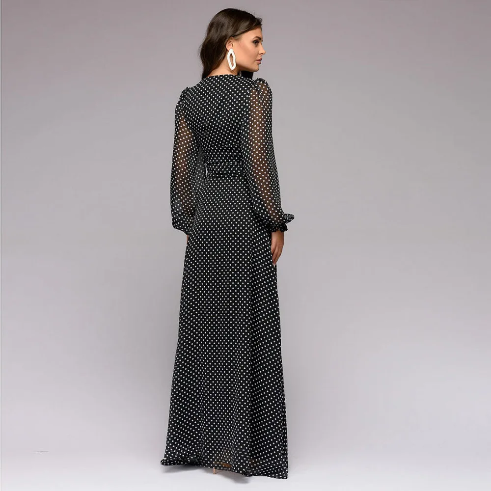 

2021 Fashion Women Maxi Long Dress Summer Hepburn Style Polka Dot Print Party Dress Sexy Long Sleeve Chiffon Retro Boho Beach