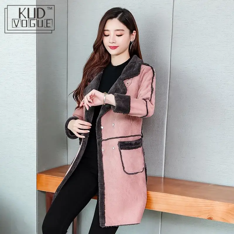 Женское зимнее теплое пальто из искусственного меха овечьей шерсти замшевые