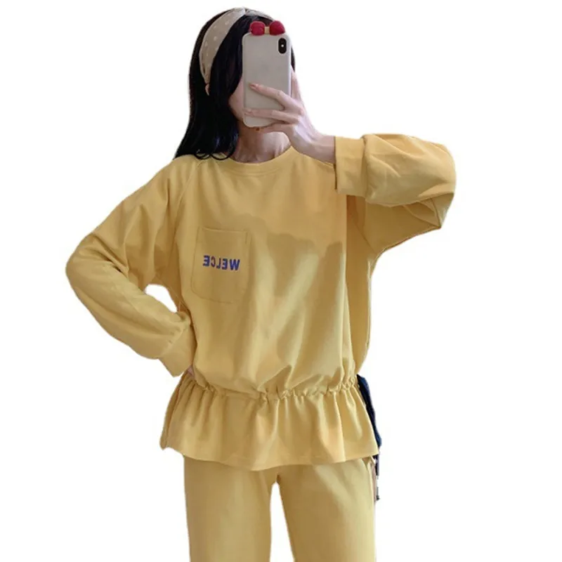 

Pajamas women's spring and autumn long-sleeved sweet and cute printed waist home service two-piece suit can be worn outside