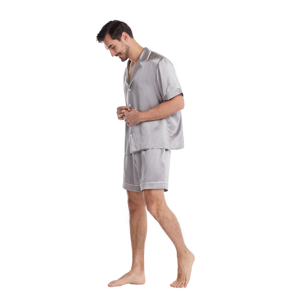 CISULI 100% Pure Silk Pajama Set Men Sleepwear Short Sleeve 2022SS New Whole Set