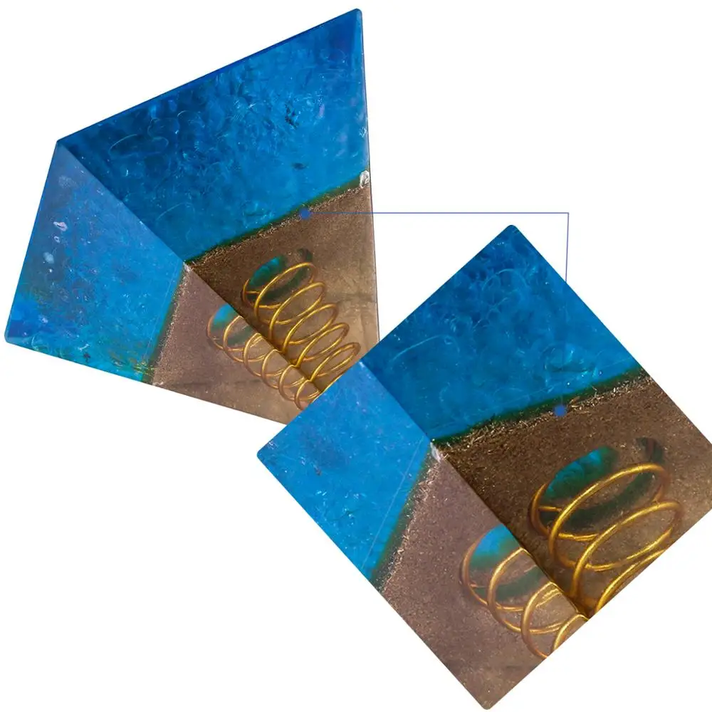 TUMBEELLUWA Healing Crystal Gold Wire Orgone Pyramid Stone Figurine Energy Generator for Meditation Reiki Balancing,Blue Color