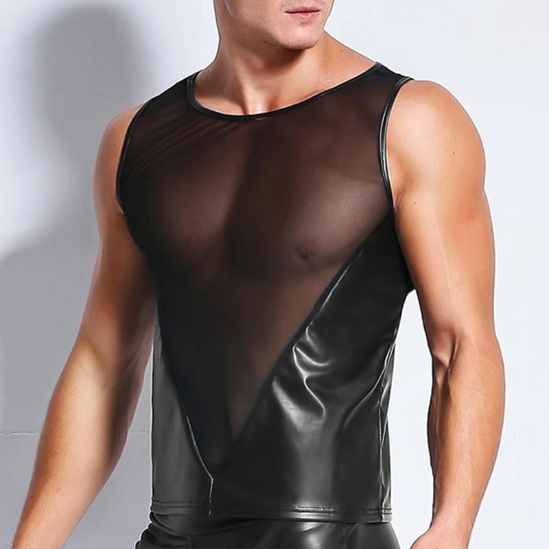 

Модные мужские прозрачные сетчатые кожаные майки, мужской сексуальный тонкий прозрачный сетчатый дышащий прозрачный облегающий жилет