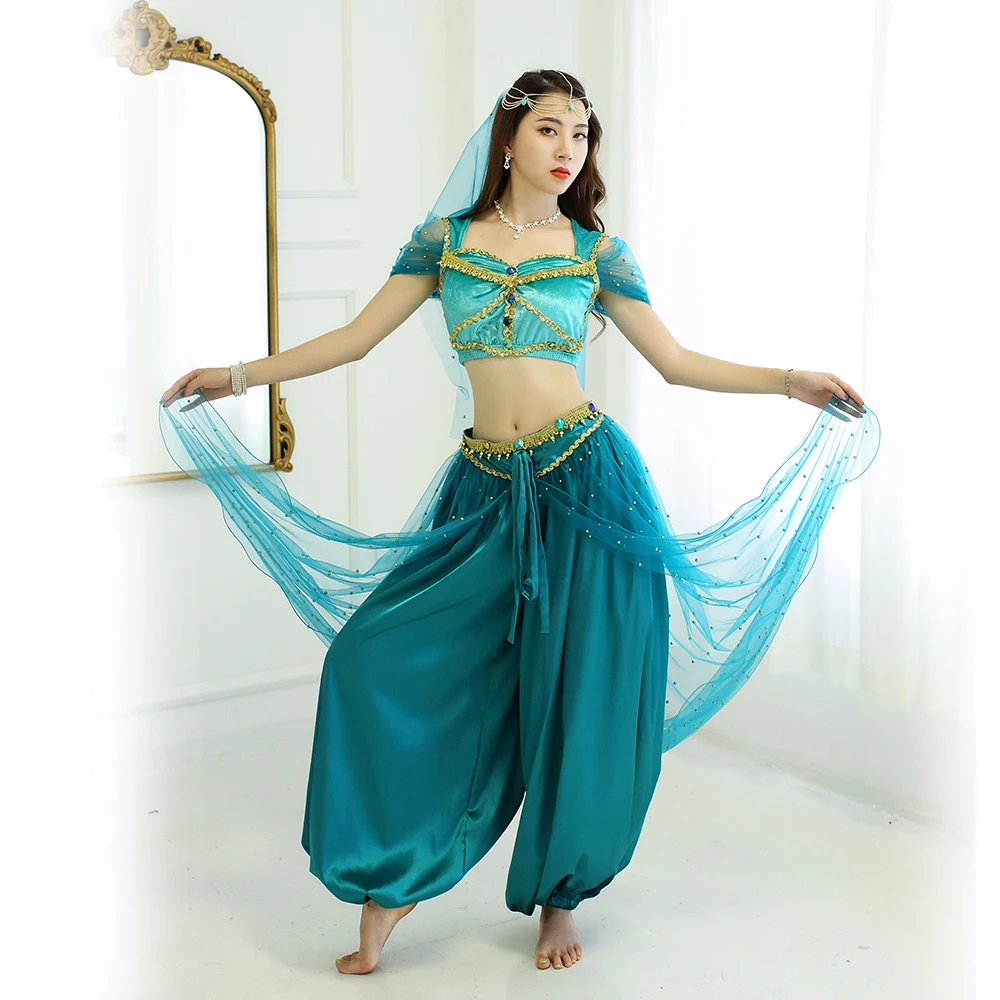 

Bollywood Belly Dance Jasmine Costume Aladdin Halloween Outfit Jasmine Princess Costumes Teal For Women/Girls Veil Top Pants