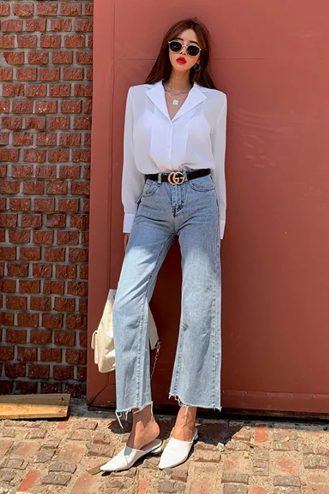 

Vintage Blue Button Fly Loose Wide Leg Denim Women Autumn Waist Tassel Casual High Street Female Jeans Pants