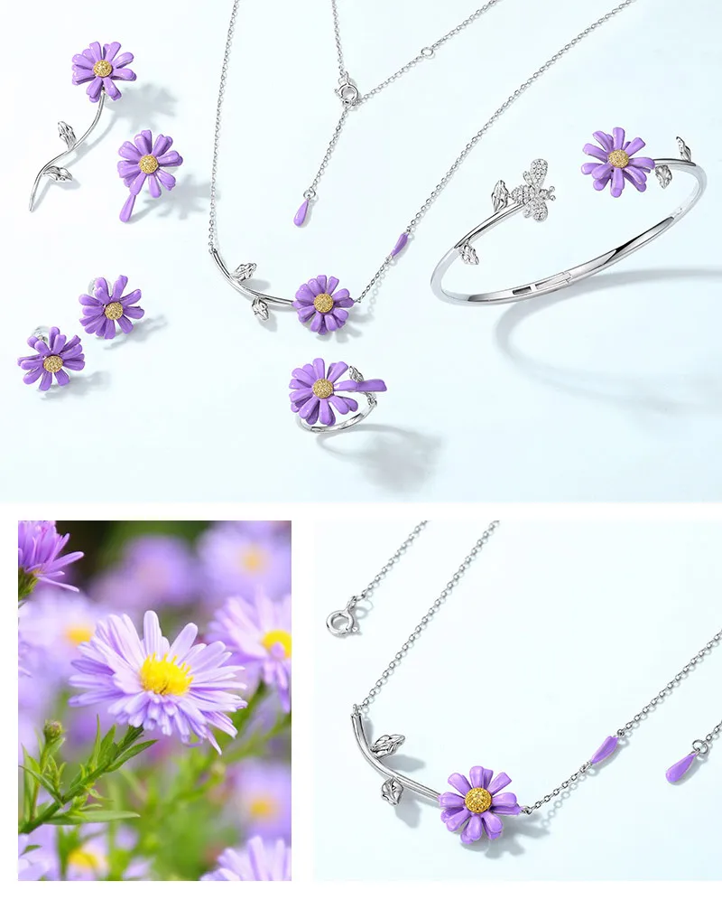 

Japanese light luxury purple chrysanthemum 925 pure silver necklace women 2020 autumn and winter new smart flying daisy necklace