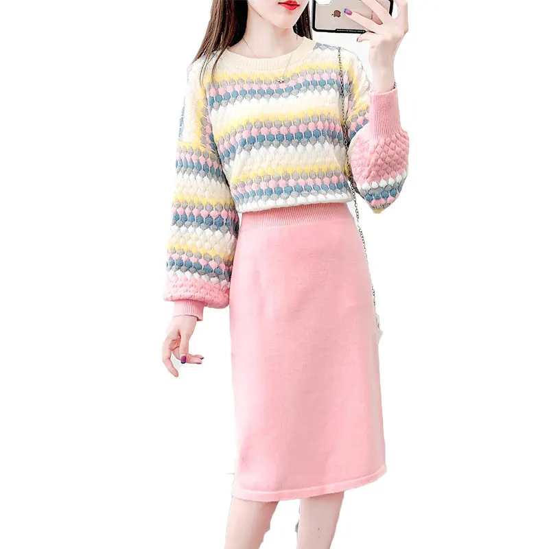 

New Winter Women Pullover Stripe Sweater Bodycon Skirt Super Leisure Knitting 2 Pcs Clothing Set Outfit Warm Casual Sweet