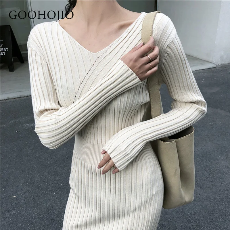 

GOOHOJIO 2021 New Spring Autumn All-match Bag Hip Dress Women High Waist V-neck Dress for Women Fashionable Sweater Dress Women