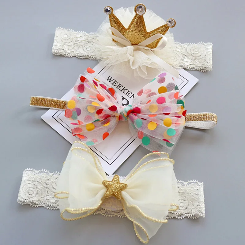 Повязка на голову детская Корона и бант для новорожденных девочек резинки волос 3