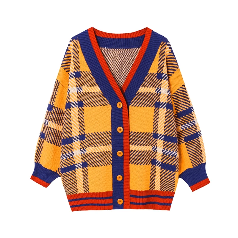 

Korean Oversize Women Cardigan V Neck Long Sleeve Single Breasted Sweater Vintage Plaid Hit Color Patchwork Jumper