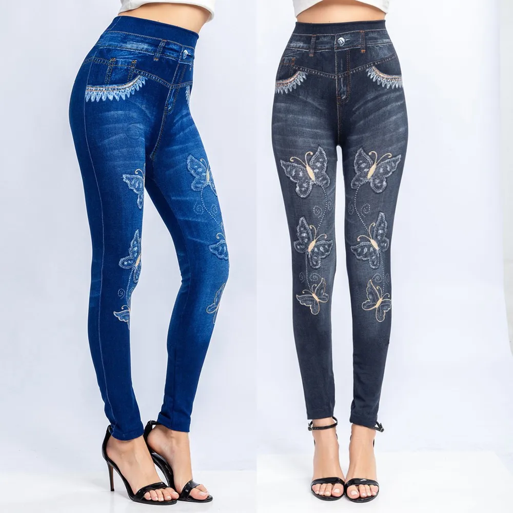 

New Women Faux Denim Jeans Leggings Print Ankle Length Pencil Pants Super Strety Skinny Imitation Butt Lift Leggings