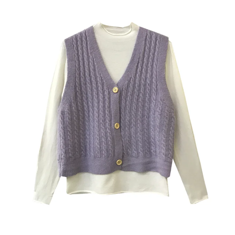 

2021 Autumn Winter Vintage Versatile Sweater V-neck Knit Sweater Coat For Women Pocket Single Bresated Cardigan Sleeveless Vest