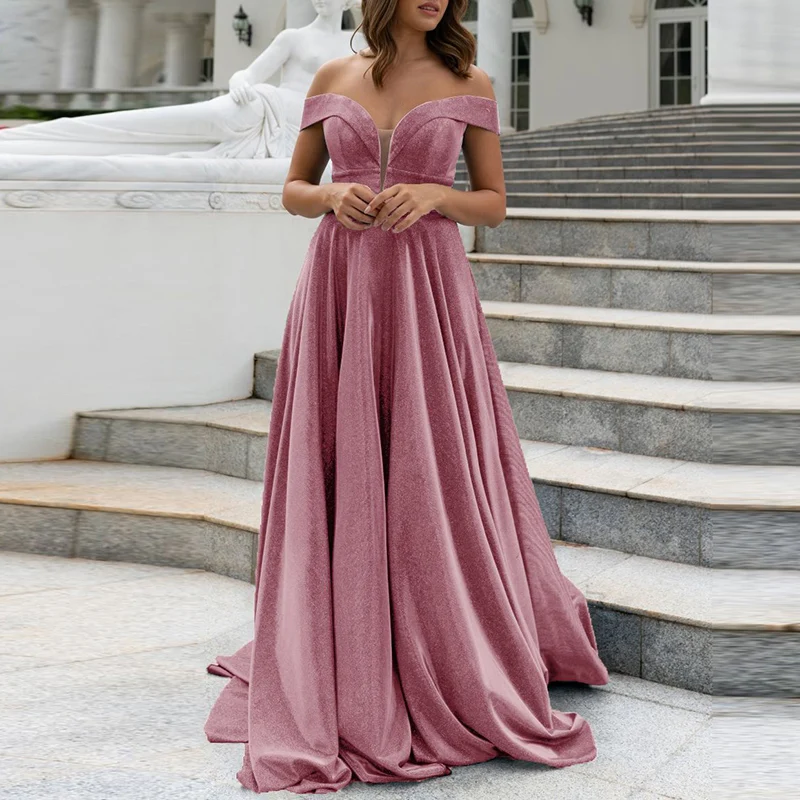 

Женское вечернее платье с вырезом лодочкой и открытыми плечами, демисезонное однотонное платье в стиле пэчворк с открытой спиной, женское о...