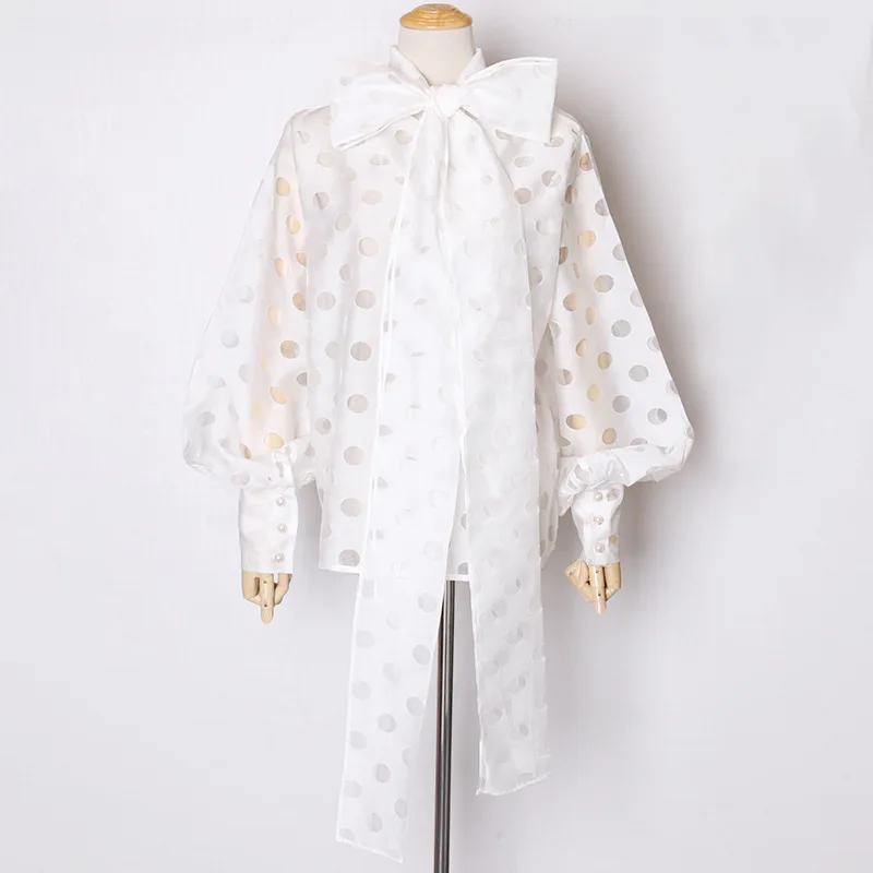 

Women Autumn Blouse Long-sleeved Lantern Sleeve Bow Dot Stand Collar Long-sleeved Korean Woman Shirts Top Female Blouse PL076