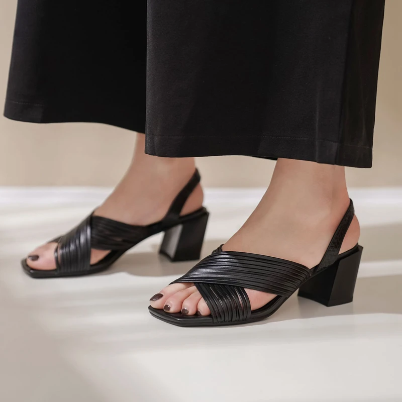 

Sandals Women Roman Style Cow Leather Cross-Tie Slatted Shoes Mid Thick Heel Solid 2 Colors Summer Dress Shoes
