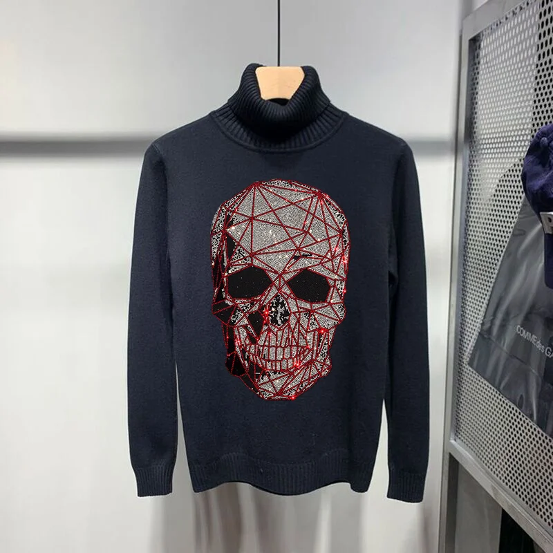 

Glittering Pattern Cashmere 100% Thick White Men's Turtleneck Sweater Loose Sweatshirt Hot Drill Skull Pullover