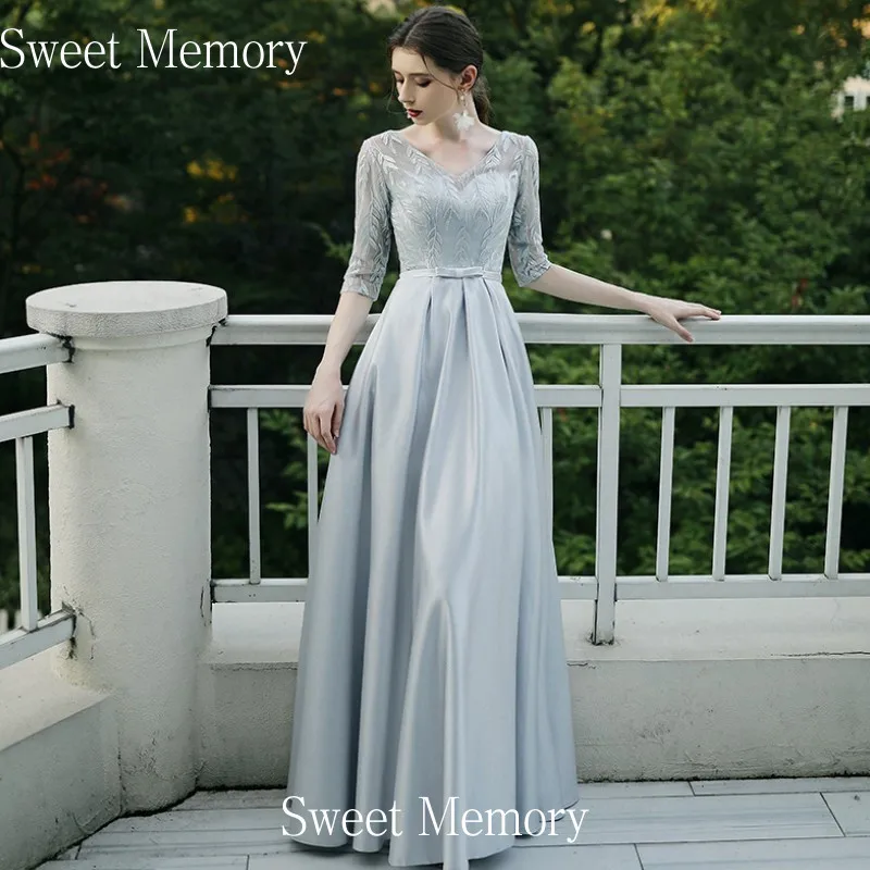 

M001 Half Sleeves Khaki Dark Blue Red Satin Evening Dresses Sweet Memory V Neck Long Wedding Party Dress