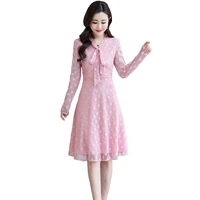 2021 new spring autumn women bow v neck long sleeve dress plus size women clothes sweet floral mesh dress for girl
