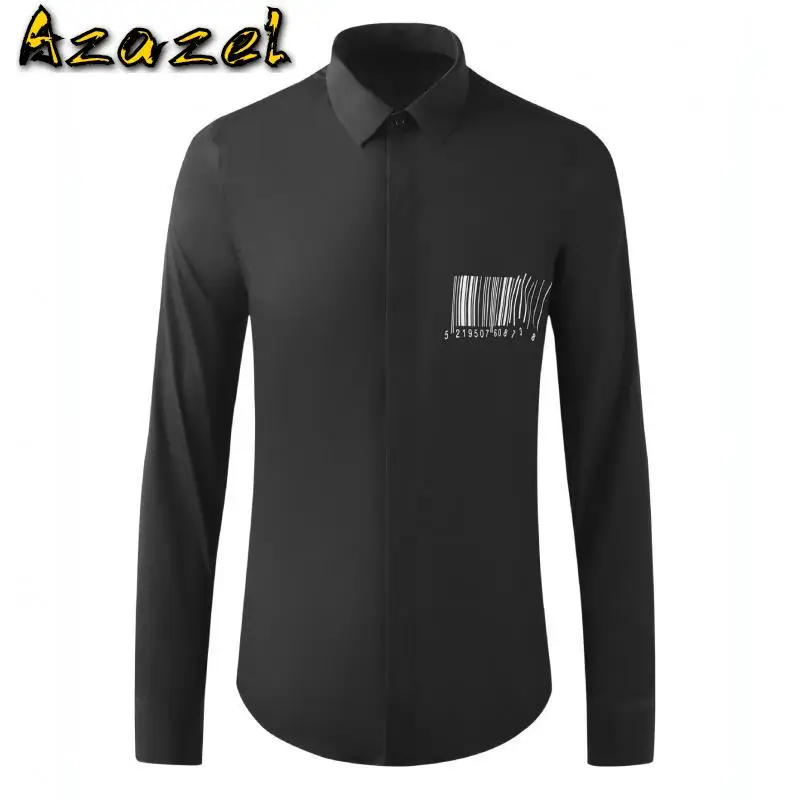 Azazel Cotton White Black Mens Shirts Luxury Long Sleeve Barcode Printed Casual Party Man Shirts Slim Fit Plus Size 4XL
