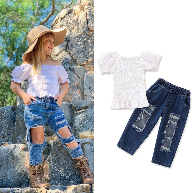 

Детские модные однотонные топы с пышными рукавами для девочек, рваные джинсовые брюки, Детский костюм