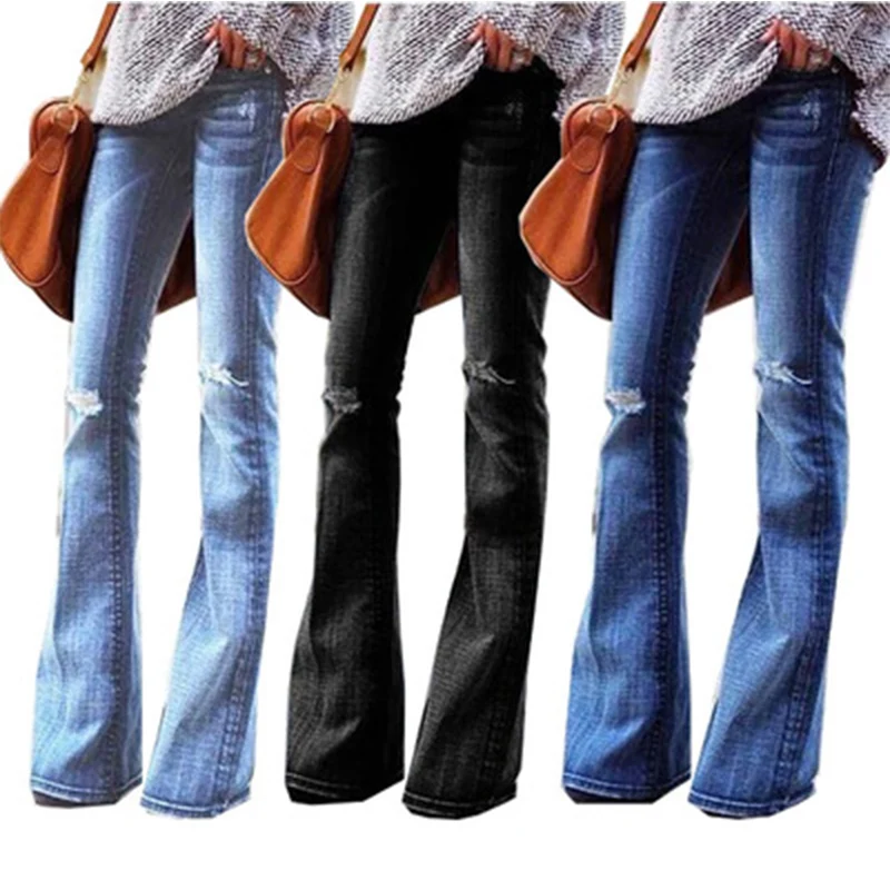 

New 2021 Autumn Winter Woman Flare Ripped Jeans For Women Black Skinny Jeans Woman Plus Size Denim Female Wide Leg Mom Pants