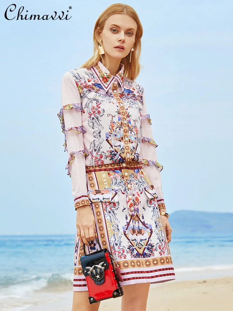 

Women's Clothing Stringy Selvedge Lacework Printed Long-Sleeved Lapel Shirt Waist-slimming Skirt Two Piece Suit