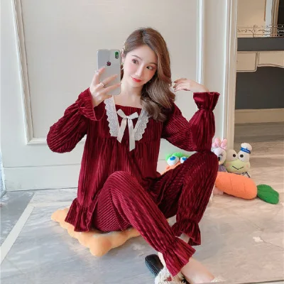 

Осенне-зимняя кружевная бархатная свободная пижама с длинным рукавом в Корейском стиле Женская Повседневная Домашняя одежда для сна компл...