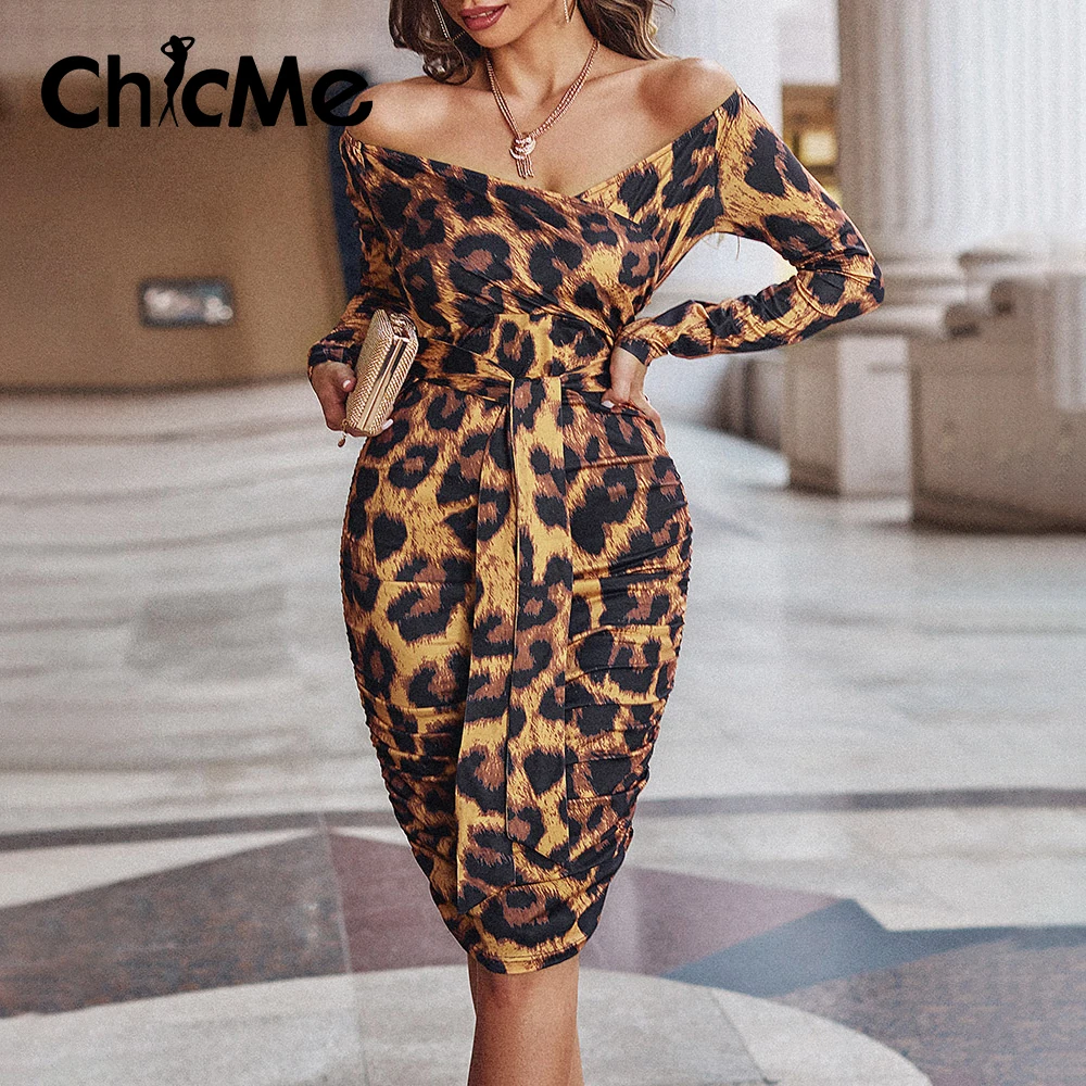

Chicme Women Midi Leopard Off Shoulder Ruched Design Bodycon Dress Femme Belted Long Sleeve Vestidos Sexy Elegant Birthday Party