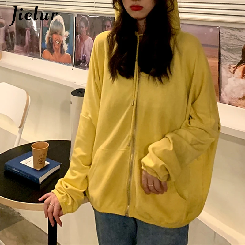 

Jielur Модные женские толстовки на молнии белые свободные толстовки с длинными рукавами Женская Базовая Осенняя толстовка с капюшоном и карма...