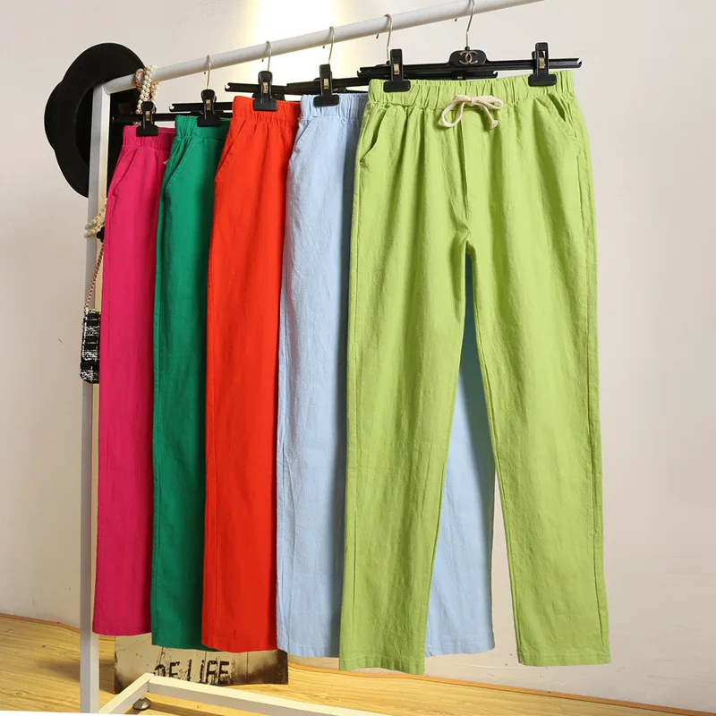 Womens Spring/Summer Harem Pants Cotton Linen Solid Elastic waist Candy Colors Harem Trousers Soft high quality for Female ladys