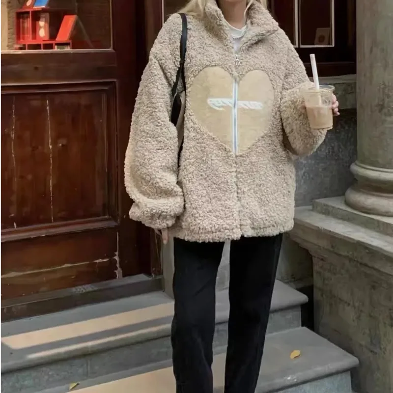 

Хаки сердце Y2K пальто для женщин искусственный плюшевый мех пальто Базовые Куртки Верхняя одежда Женская мода Винтаж Harajuku Kawaii фестиваль